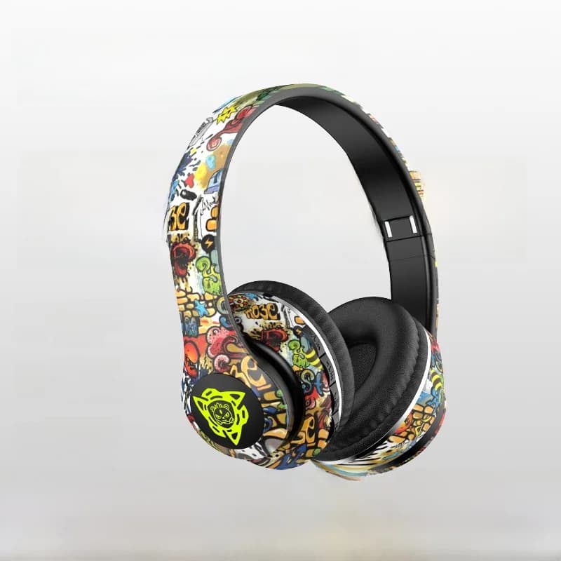 Fon Kepala Tanpa Wayar Over-Ear Grafiti dengan Radio FM dan Slot Kad TF