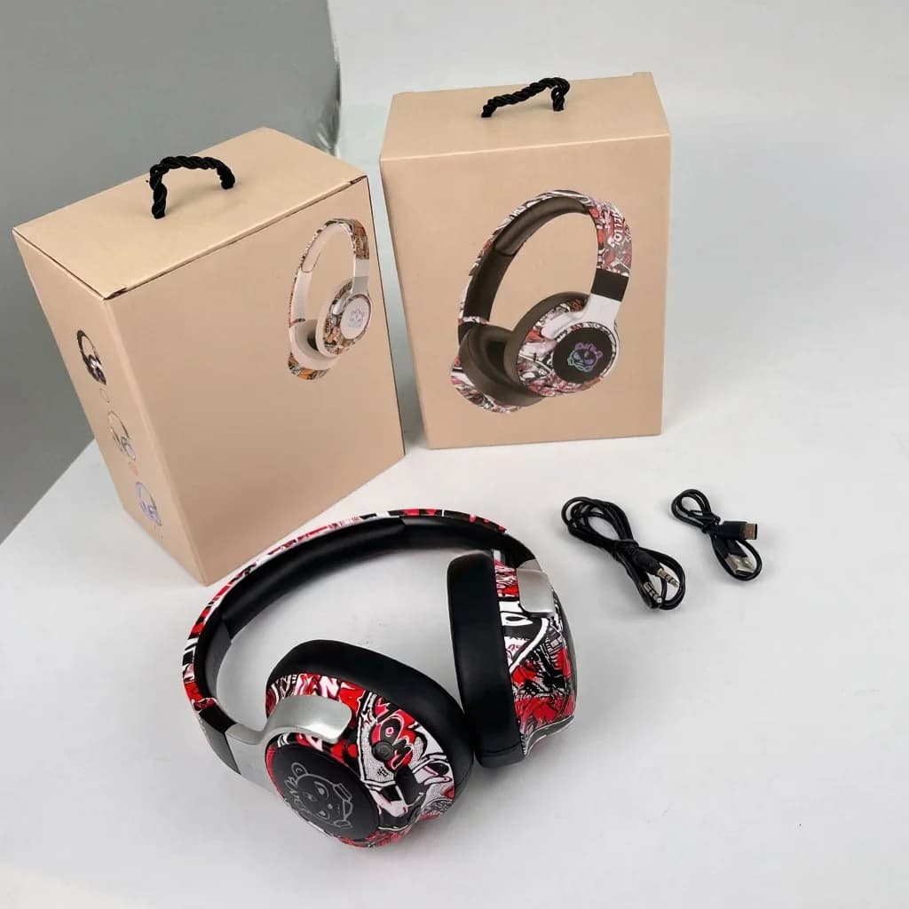 Fon Kepala Bluetooth Over-Ear Grafiti dengan Lampu RGB & Mikrofon