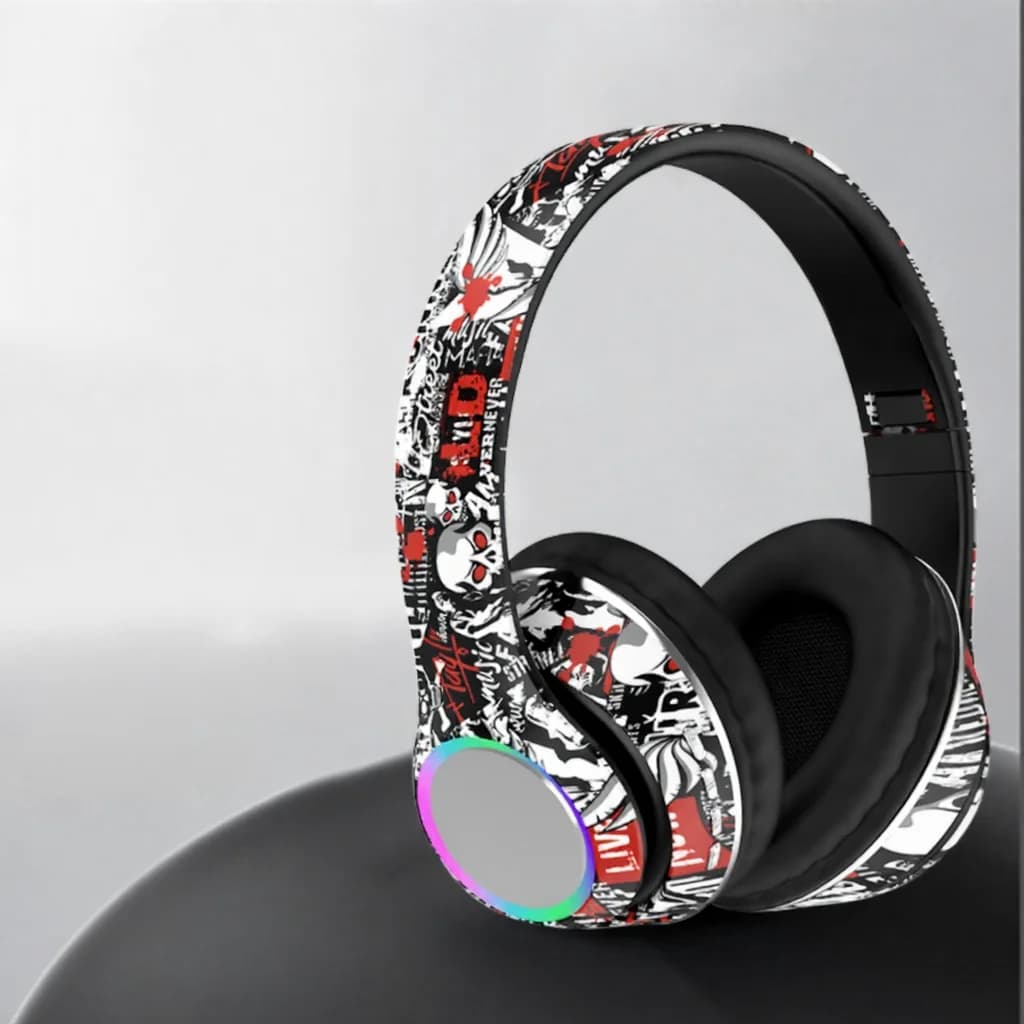 Fon Telinga Bluetooth Over-Ear Grafiti dengan Lampu LED dan Bass Mendalam