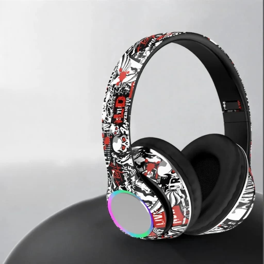 Fon Telinga Bluetooth Over-Ear Grafiti dengan Lampu LED dan Bass Mendalam