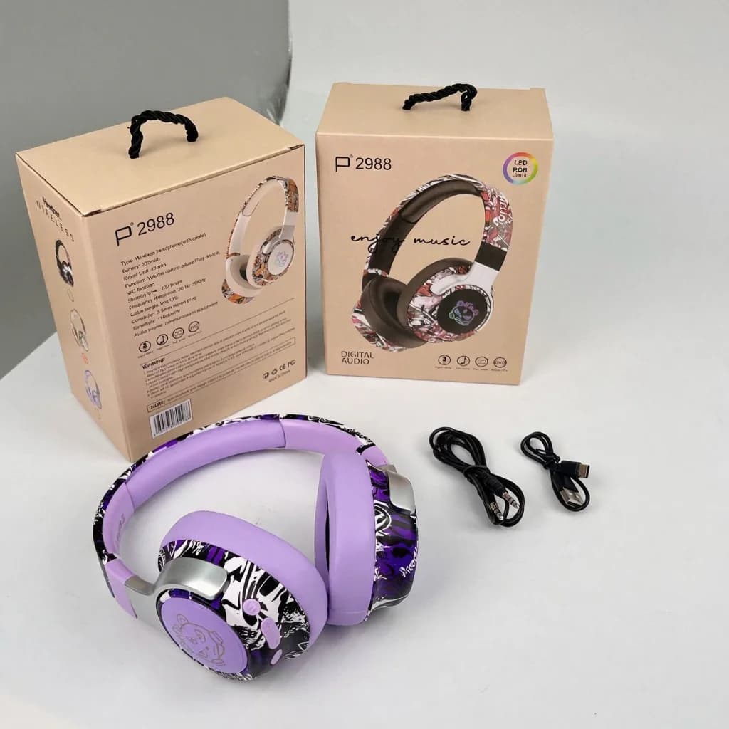 Fon Kepala Bluetooth Over-Ear Grafiti dengan Lampu RGB & Mikrofon