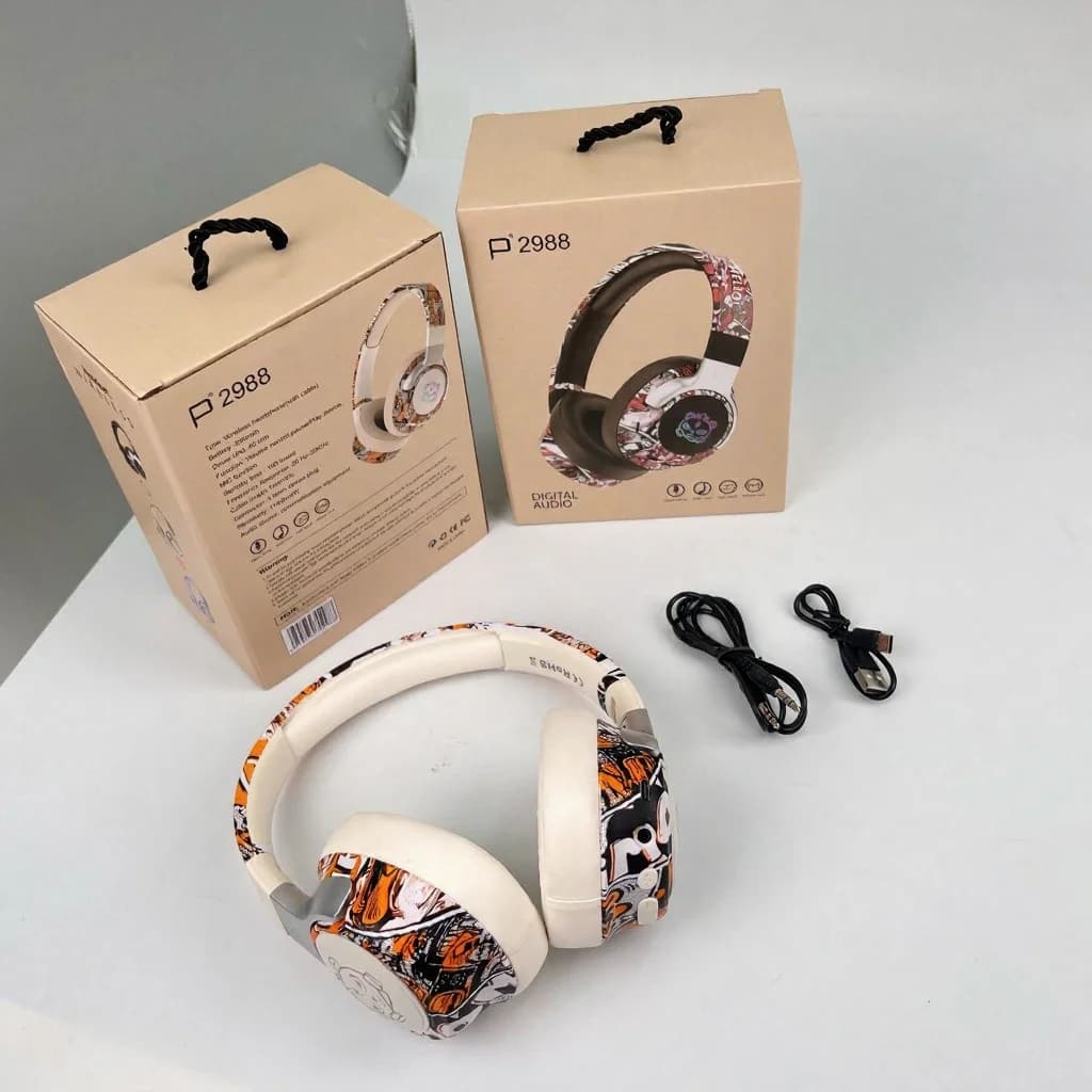 Fon Kepala Bluetooth Over-Ear Grafiti dengan Lampu RGB & Mikrofon
