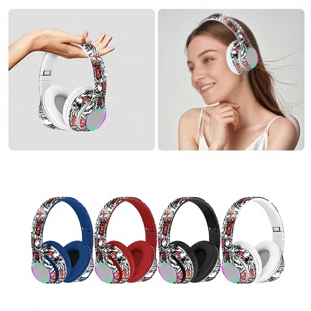 Fon Telinga Bluetooth Over-Ear Grafiti dengan Lampu LED dan Bass Mendalam