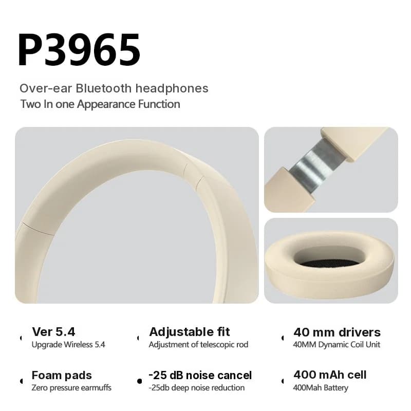 Fon Kepala Bluetooth Over-Ear Tanpa Wayar Stereo dengan Pembatalan Bunyi Aktif