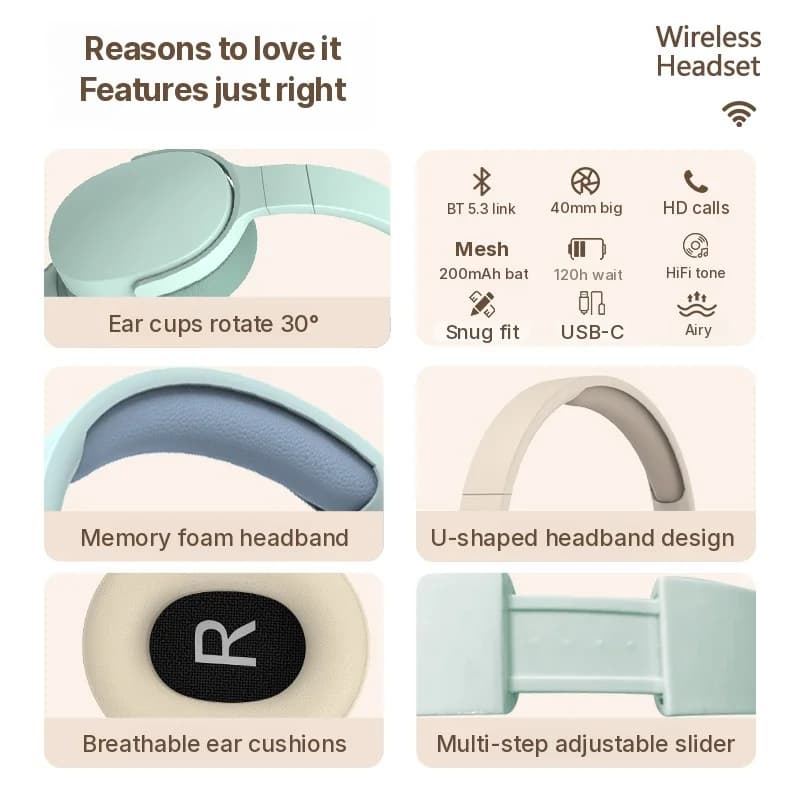 Fon Telinga Bluetooth Tanpa Wayar Over-Ear dengan Radio FM dan Slot Kad TF