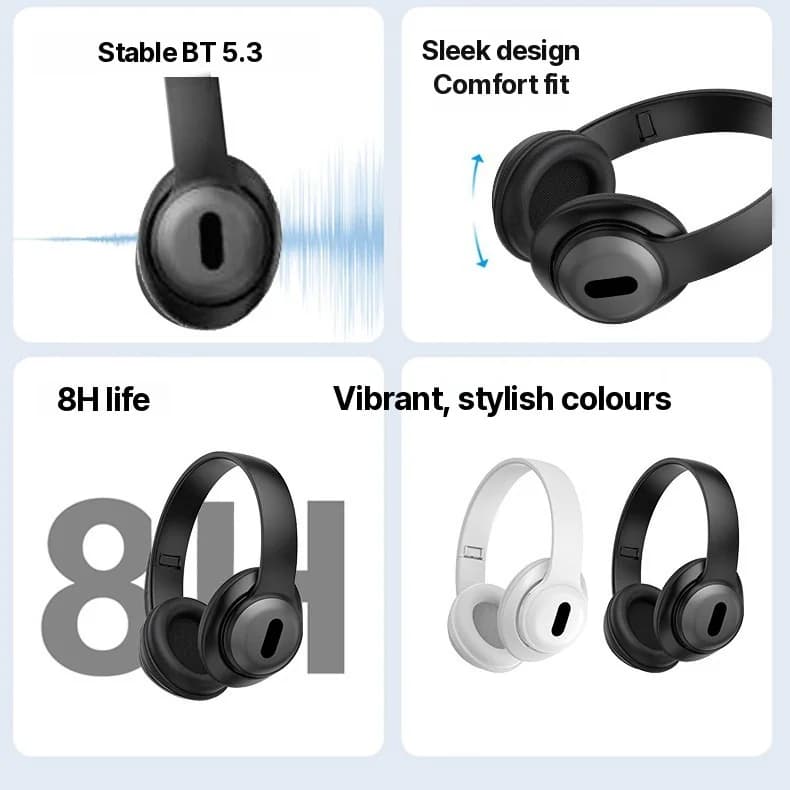 Fon Kepala Tanpa Wayar Bluetooth Over-Ear dengan Radio FM & Slot Kad TF