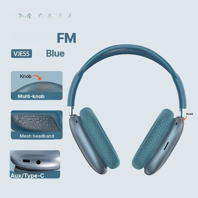 Fon Kepala Over-Ear Bluetooth 5.4 dengan Tombol Putar & Radio FM