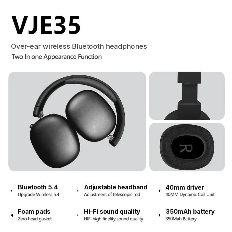 Fon Telinga Bluetooth Tanpa Wayar Over-Ear dengan Radio FM dan Slot Kad TF