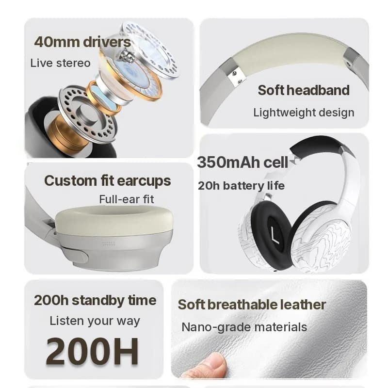 Fon Kepala Over-Ear Bluetooth Tanpa Wayar dengan Multi-EQ & Bateri Tahan Lama