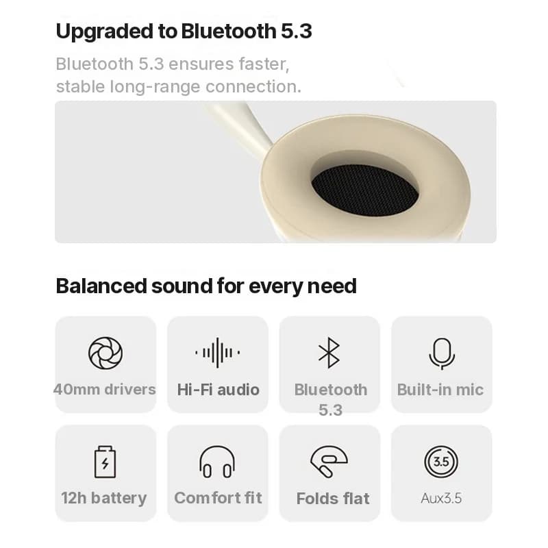 Fon Telinga Tanpa Wayar Over-Ear dengan Radio FM & Slot Kad TF