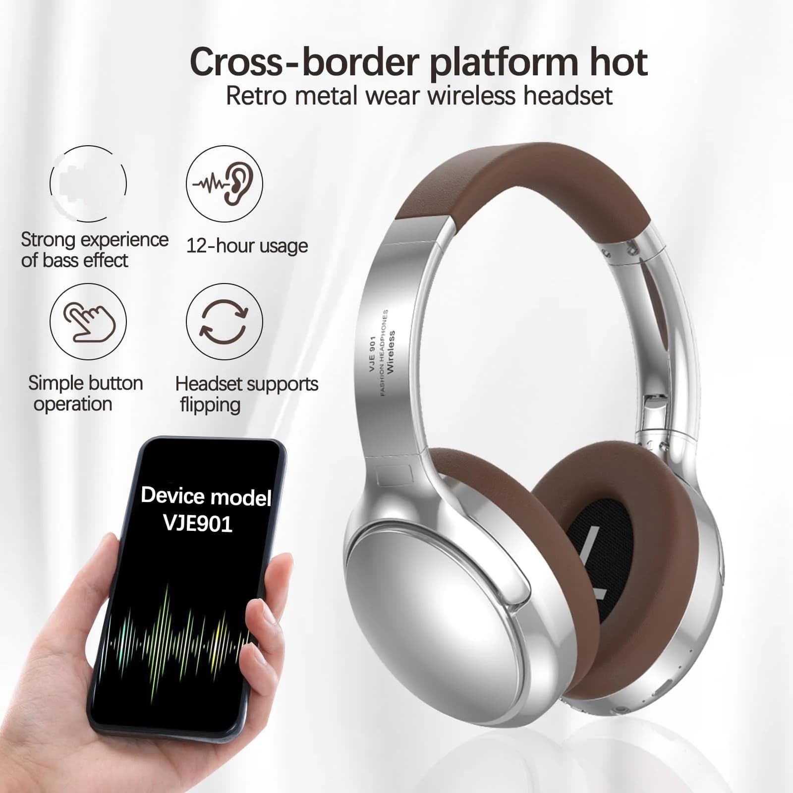 Fon Telinga Bluetooth Tanpa Wayar Retro Atas Telinga Stereo dengan Mic