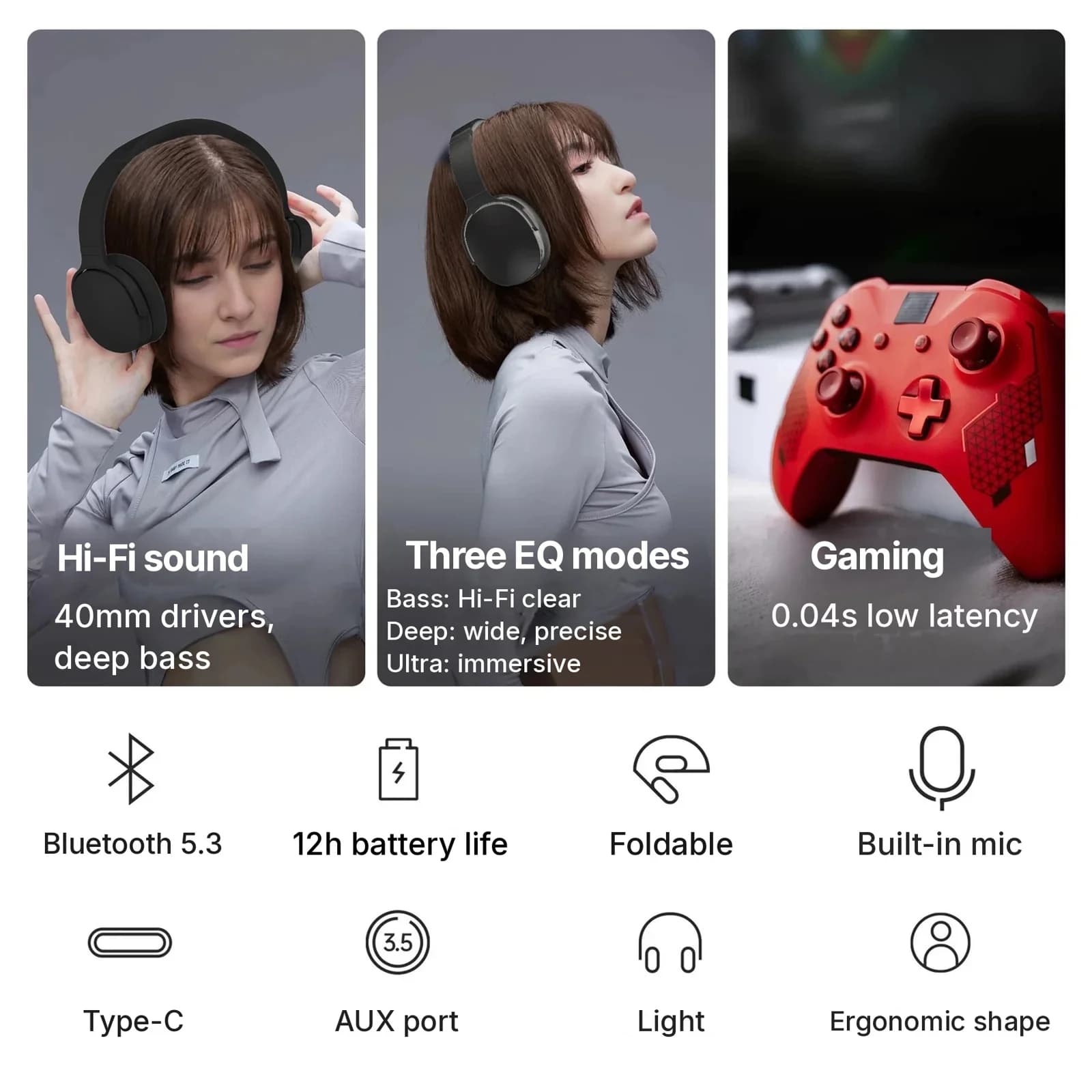 Fon Telinga Bluetooth Over-Ear Tanpa Wayar dengan Tiga Mod EQ & Mikrofon