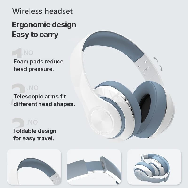 Fon Telinga Tanpa Wayar Over-Ear dengan Radio FM dan Slot Kad TF