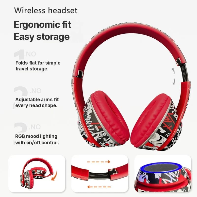 Fon Telinga Bluetooth Over-Ear Grafiti dengan Lampu LED dan Bass Mendalam