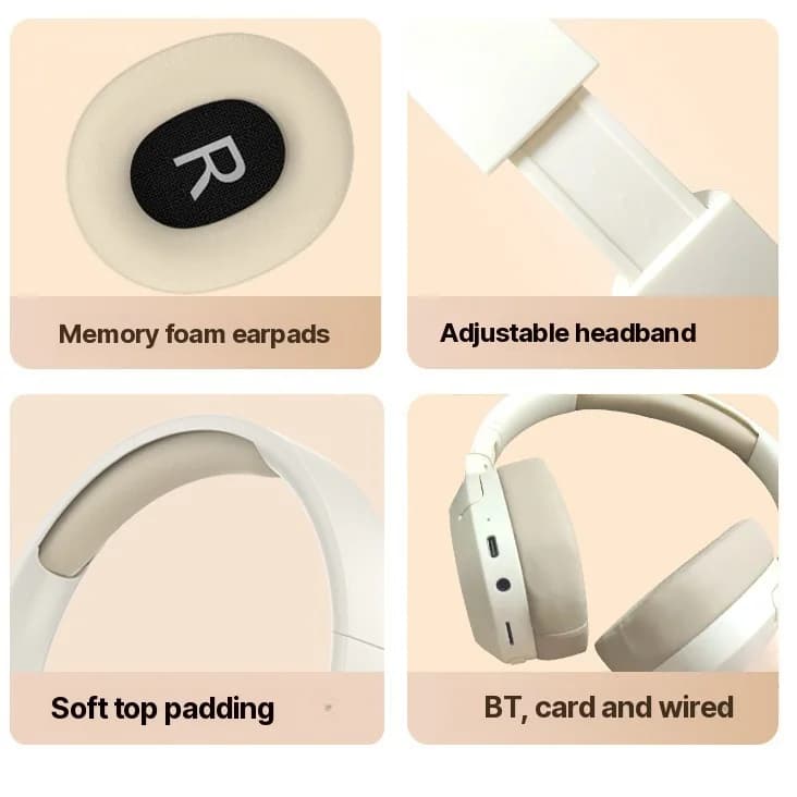 Fon Telinga Bluetooth Over-Ear dengan Bass, Sokongan AUX dan Kad TF