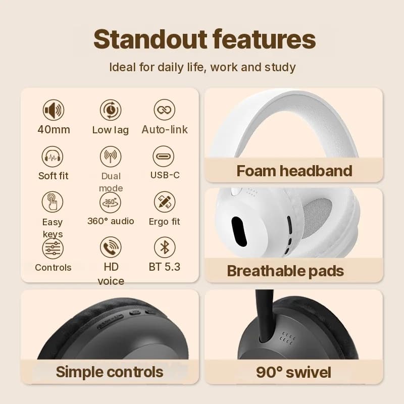 Fon Kepala Bluetooth Wireless Over-Ear dengan Mic & Kabel Audio 3.5mm