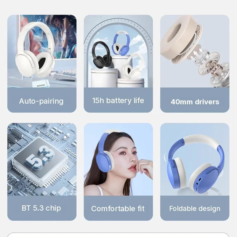 Fon Telinga Bluetooth Over-Ear Tanpa Wayar dengan Hayat Bateri Panjang