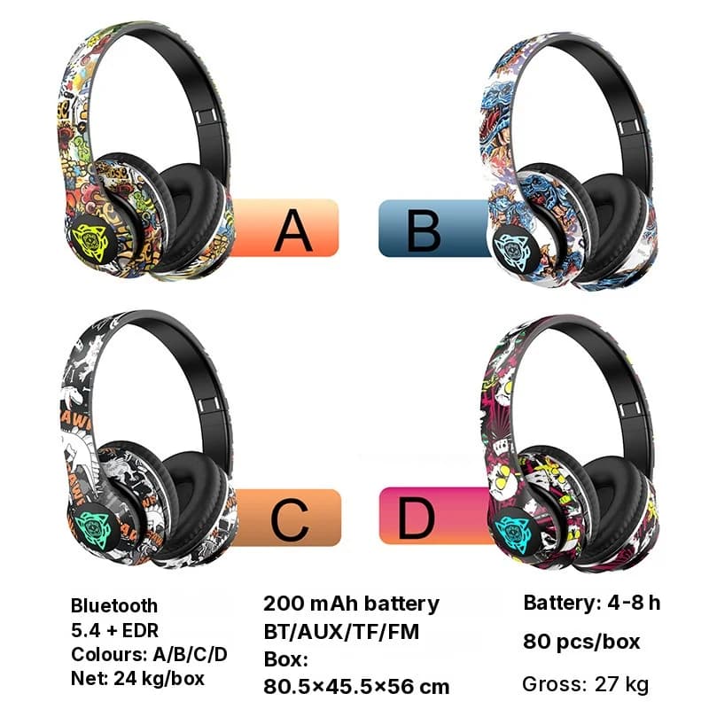 Fon Kepala Bluetooth Tanpa Wayar Over-Ear Reka Bentuk Graffiti Boleh Lipat