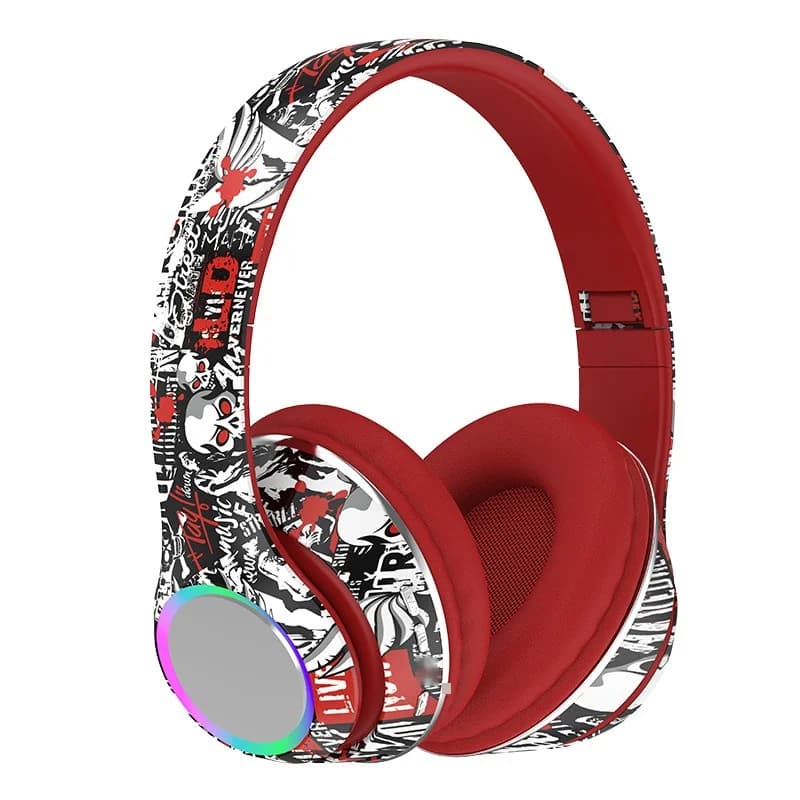Fon Telinga Bluetooth Over-Ear Grafiti dengan Lampu LED dan Bass Mendalam