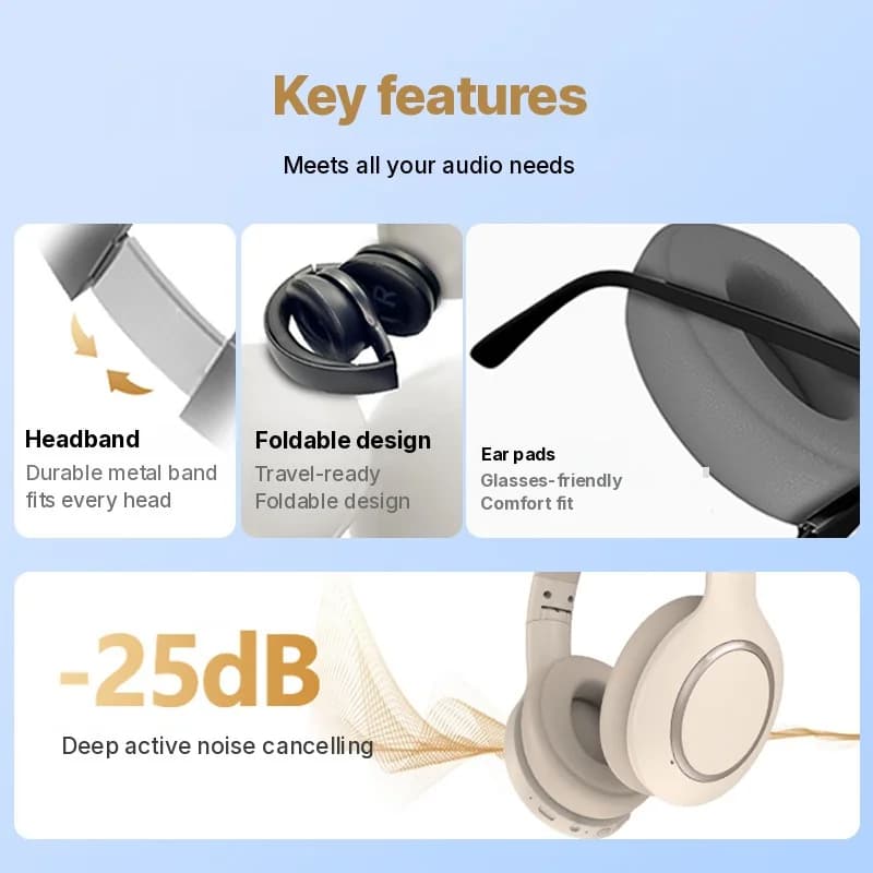 Fon Kepala Bluetooth Over-Ear dengan Pembatalan Bunyi Aktif & Bateri Tahan Lama