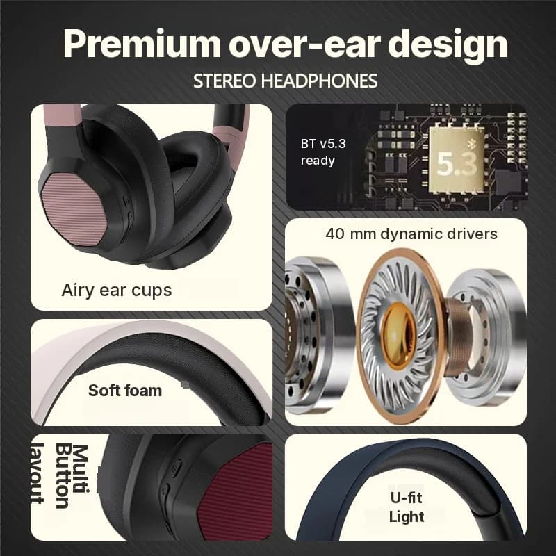 Fon Kepala Bluetooth Over-Ear dengan Radio FM dan Slot Kad TF
