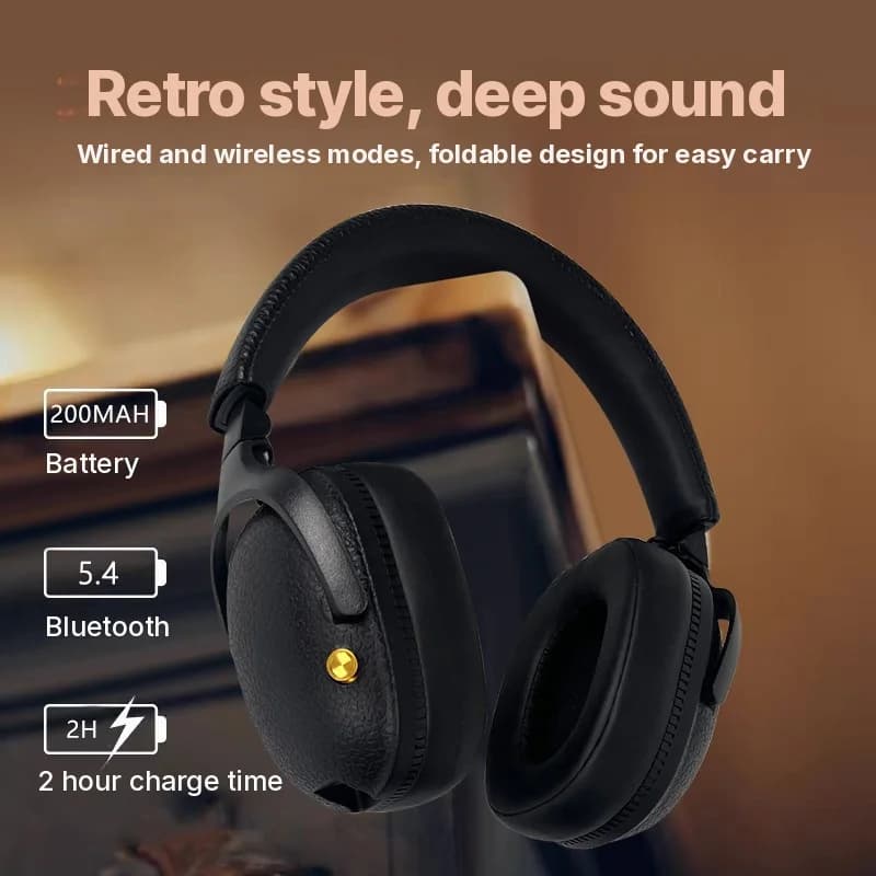 Fon Telinga Tanpa Wayar Over-Ear Retro dengan Pengecasan Type-C dan Slot Kad TF
