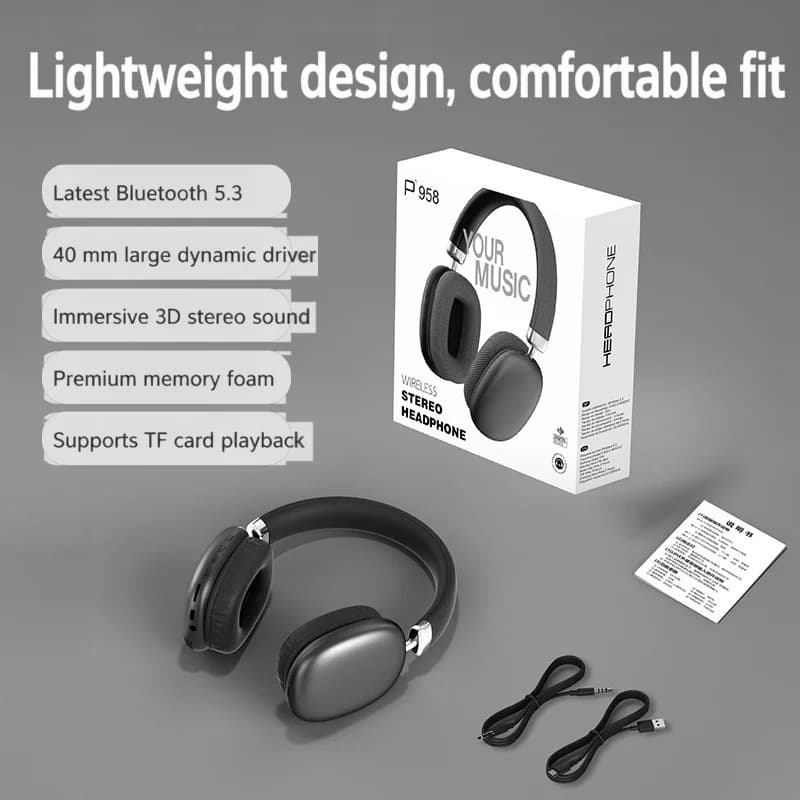 Fon Kepala Over-Ear Tanpa Wayar dengan Radio FM & Slot Kad TF