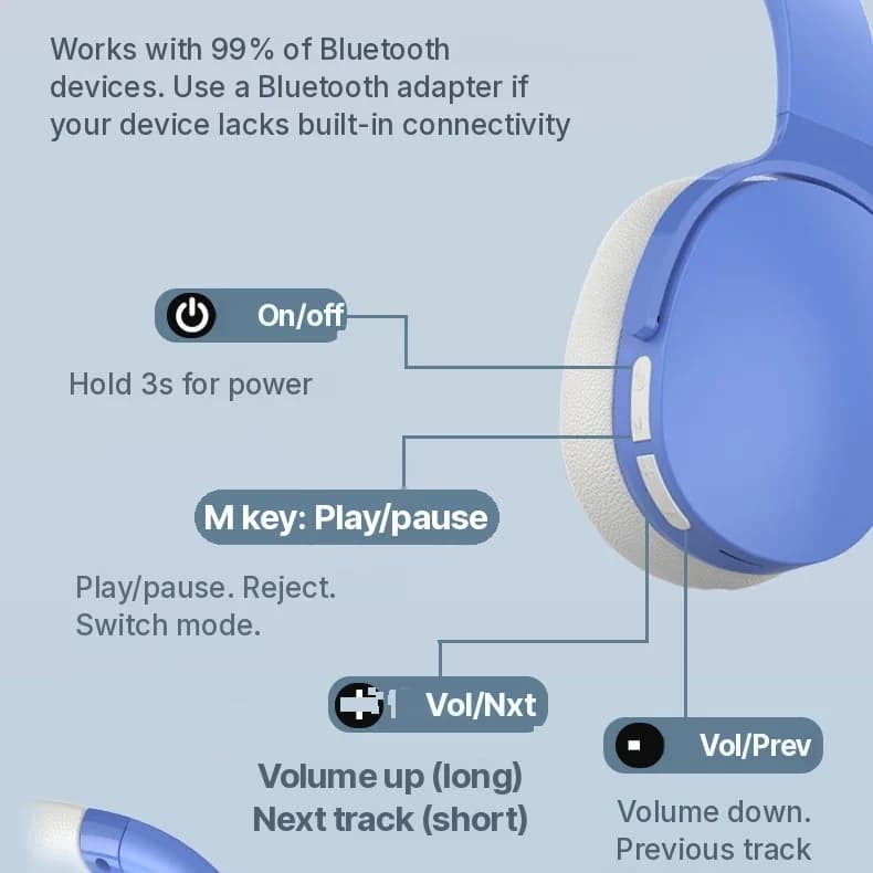 Fon Telinga Bluetooth Over-Ear Tanpa Wayar dengan Hayat Bateri Panjang