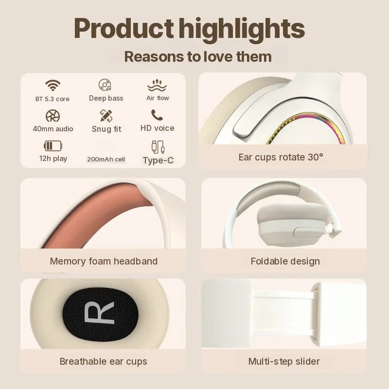 Fon Kepala Gaming RGB Tanpa Wayar Bluetooth Over-Ear Stereo
