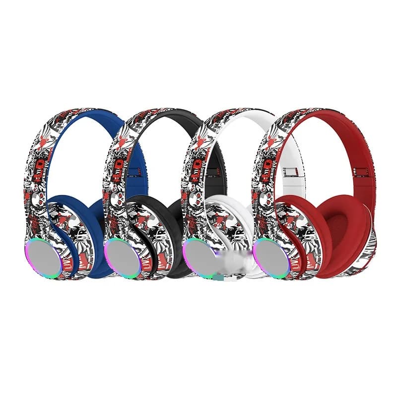 Fon Telinga Bluetooth Over-Ear Grafiti dengan Lampu LED dan Bass Mendalam