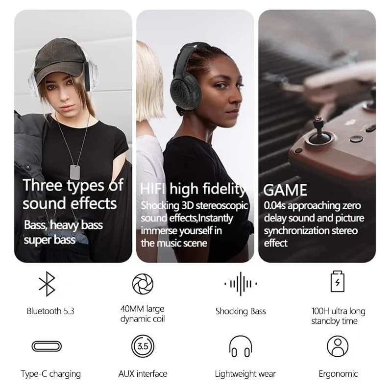 Fon Telinga Over-Ear Bluetooth Tanpa Wayar dengan Radio FM dan Pengurangan Bunyi