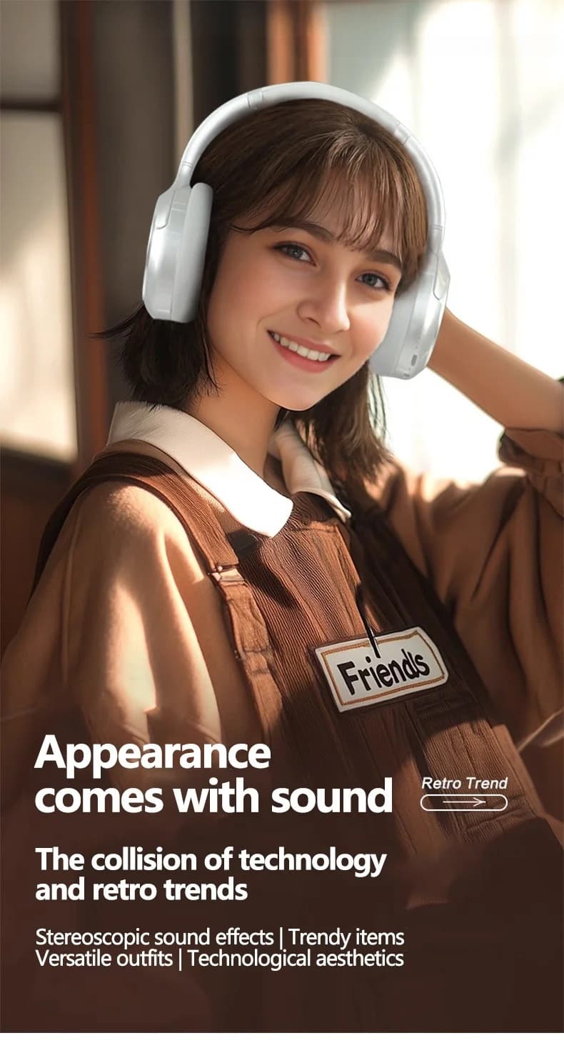 Fon Telinga Bluetooth Tanpa Wayar Retro Atas Telinga Stereo dengan Mic